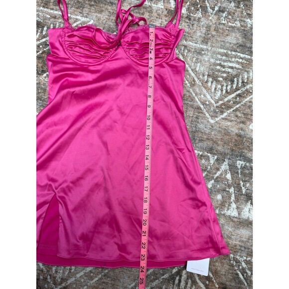 Hot Pink Satin Lace Slip Mini Dress NWT Size Small Ruched Spaghetti Strap Party - Picture 11 of 16